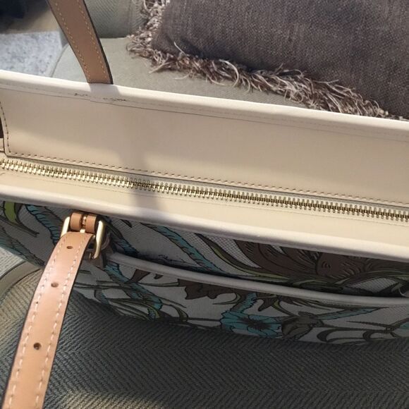 TORY BURCH NATURE PRINTED CANVAS TOTE FLOWERS PALMS BROWN TURQUOISE CREAM - Picture 7 of 12